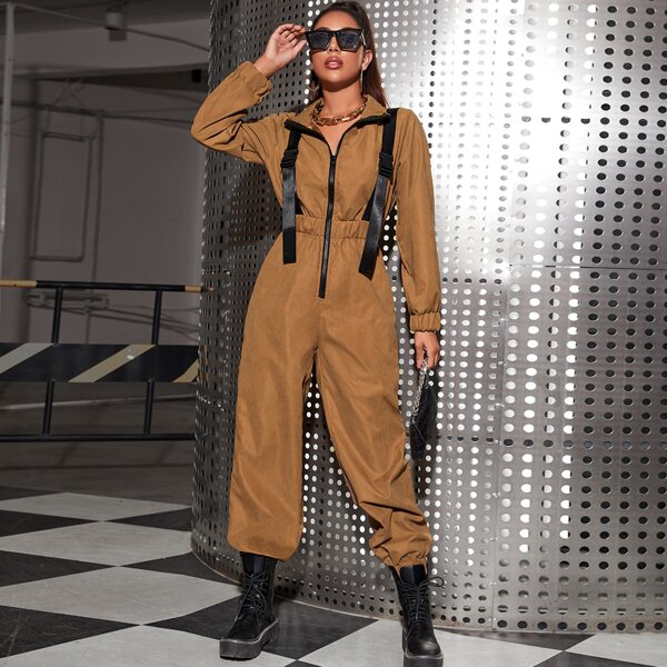 

Contrast Tape Buckle Half Zip Jumpsuit, Brown