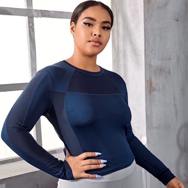 

Plus Mesh Panel Crew Neck Sports Tee, Navy blue