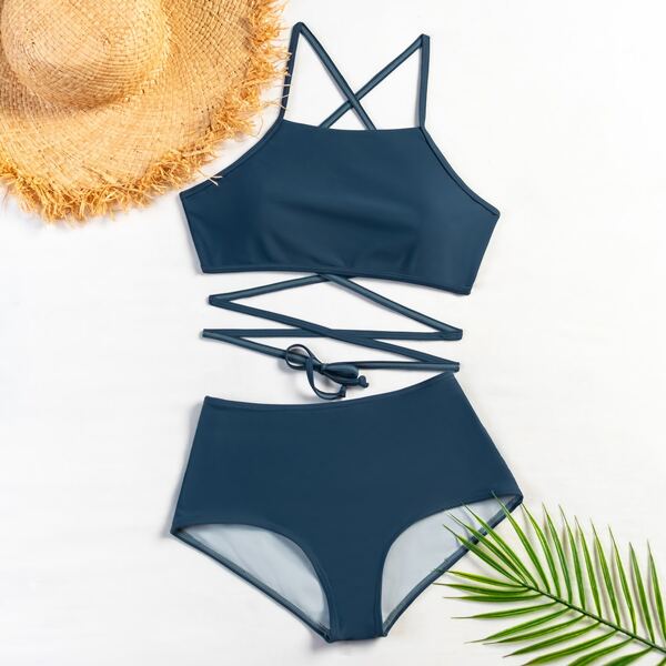 

Crisscross Tie Back Bikini Swimsuit, Dusty blue