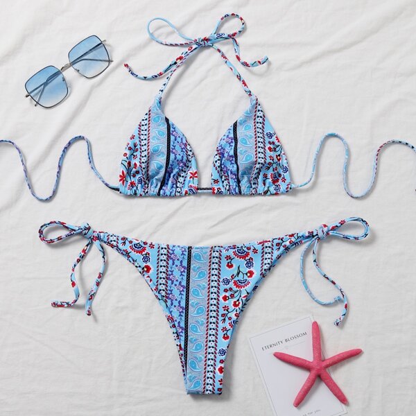 

Floral & Paisley Triangle Tie Side Bikini Swimsuit, Baby blue