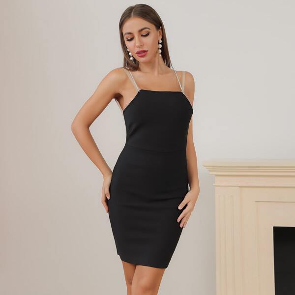 

Lucra Chain Straps Backless Split Hem Dress, Black