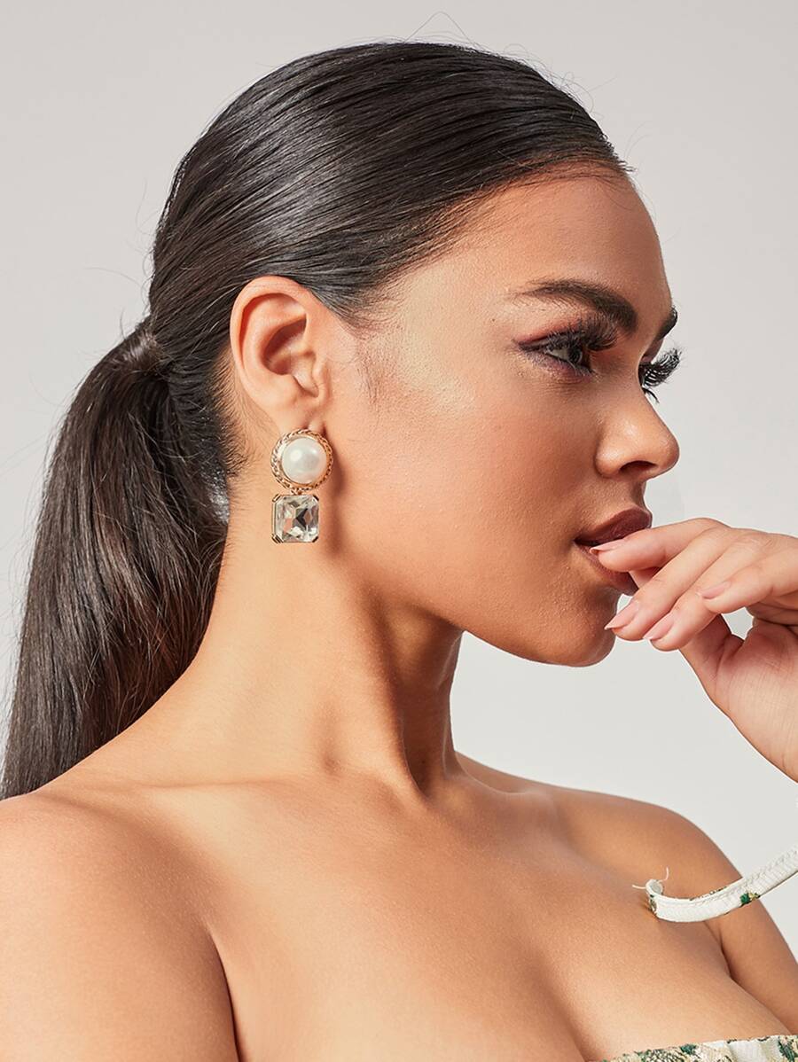 SHEIN Belle 1pair Women's Alloy Earrings Inlaid With Rhinestones - Yellow Gold - View 1