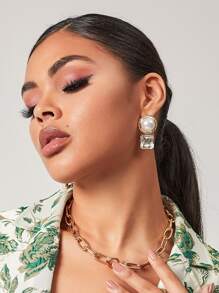 SHEIN Belle 1pair Women's Alloy Earrings Inlaid With Rhinestones - Yellow Gold - View 2