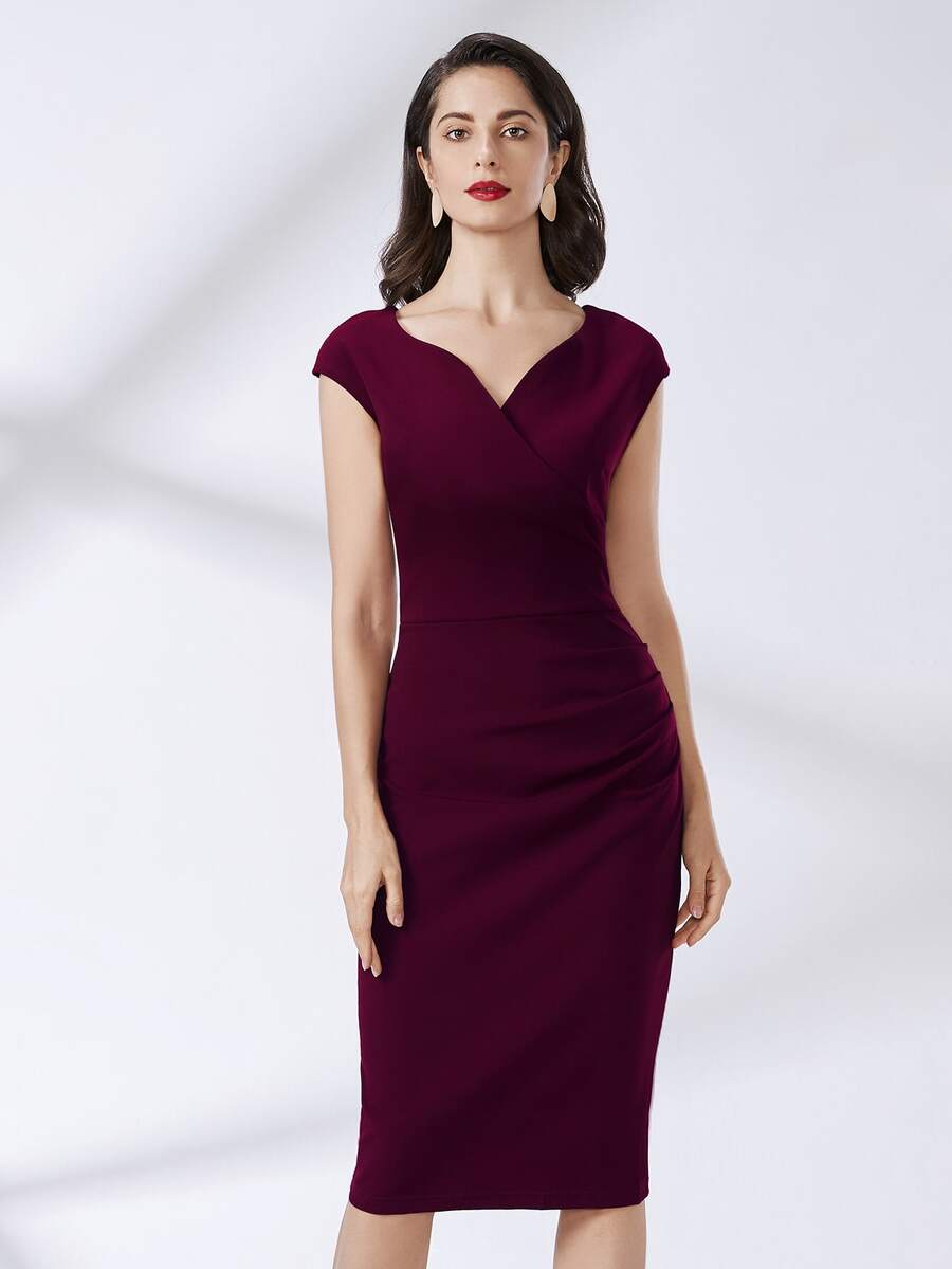 MIUSOL Zip Back Wrap Ruched Dress - Burgundy - View 1
