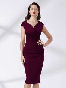 MIUSOL Zip Back Wrap Ruched Dress - Burgundy - View 3