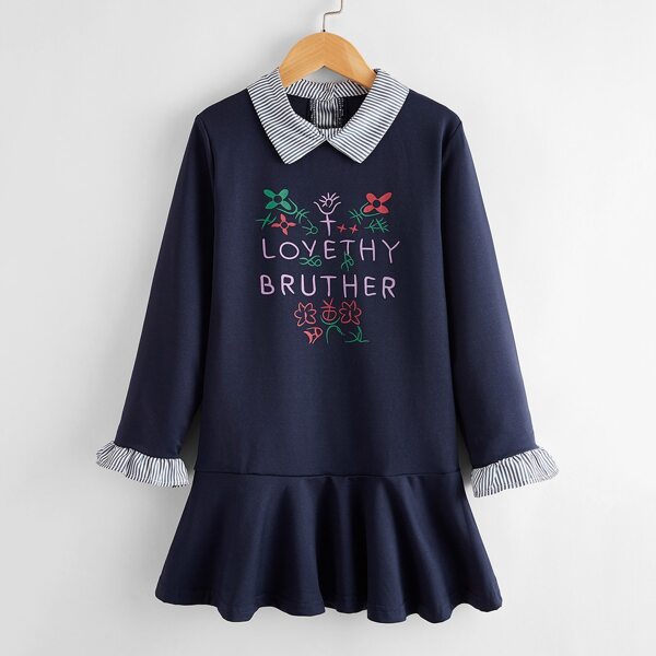 

Girls Floral & Letter Graphic Ruffle Hem Smock Dress, Navy blue