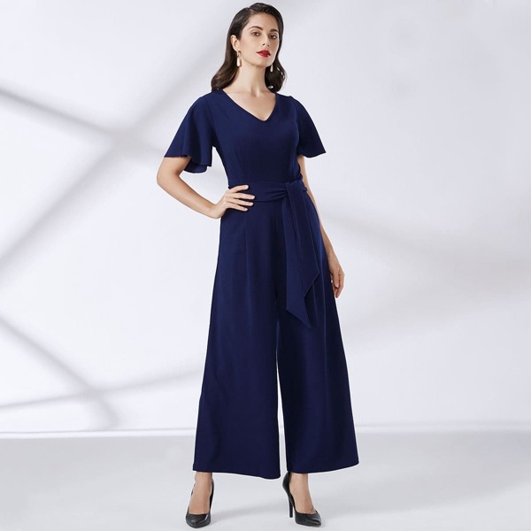 

Split Sleeve Self Belted Wide Leg Jumpsuit, Navy blue