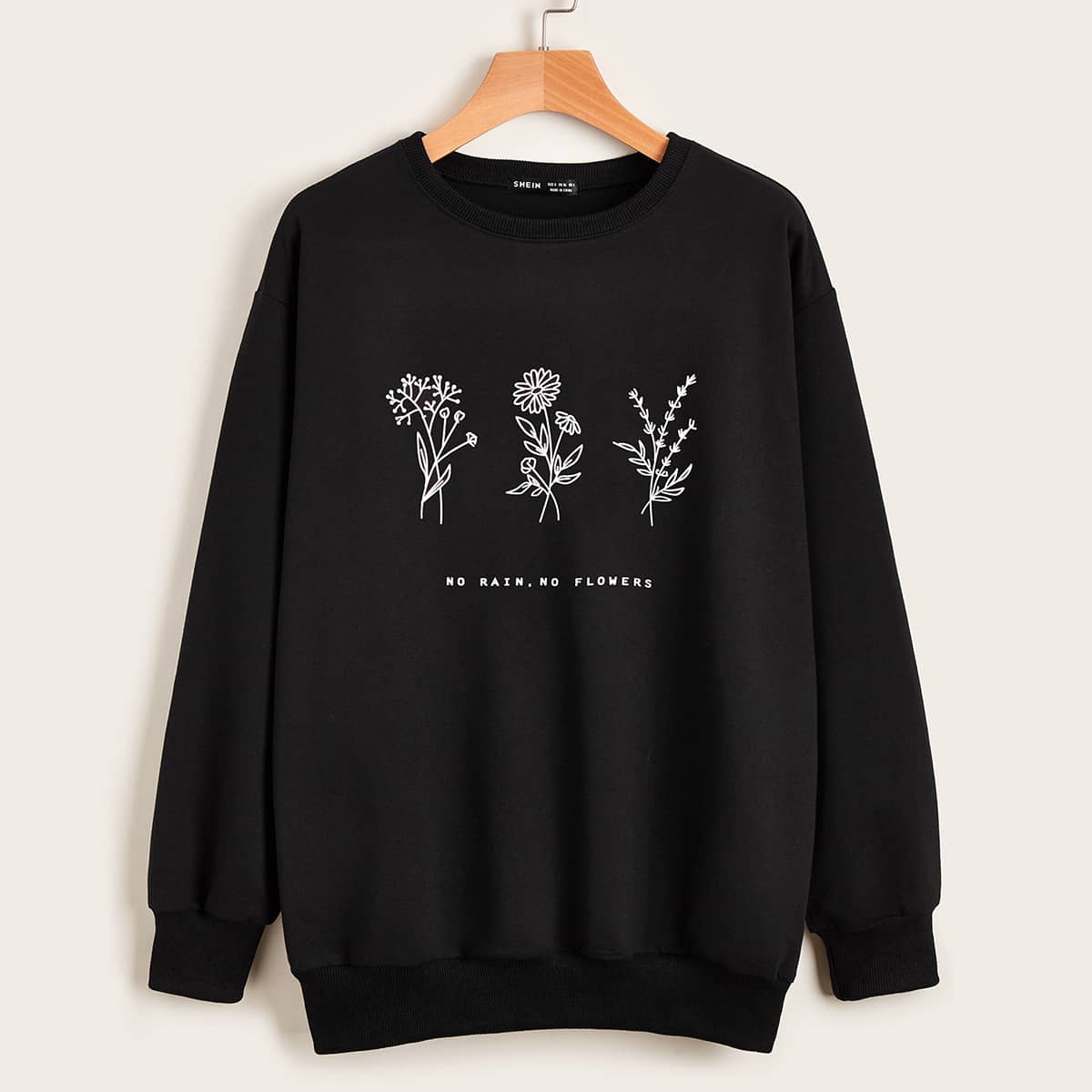 

Floral & Slogan Graphic Drop Shoulder Sweatshirt, Black