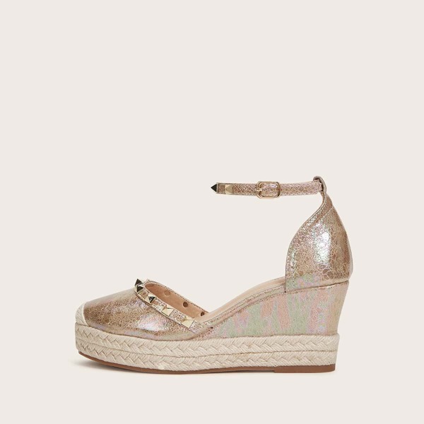 

Cap Toe Rivet Decor Ankle Strap Wedges, Gold