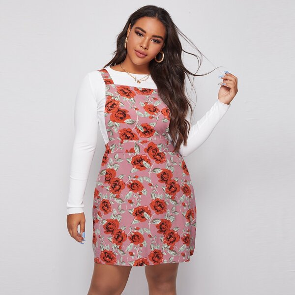 

Plus Flower Print Overall Dress, Multicolor