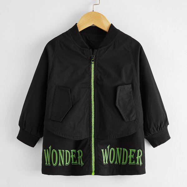 

Toddler Boys Letter Print Zipper Detail Coat, Black