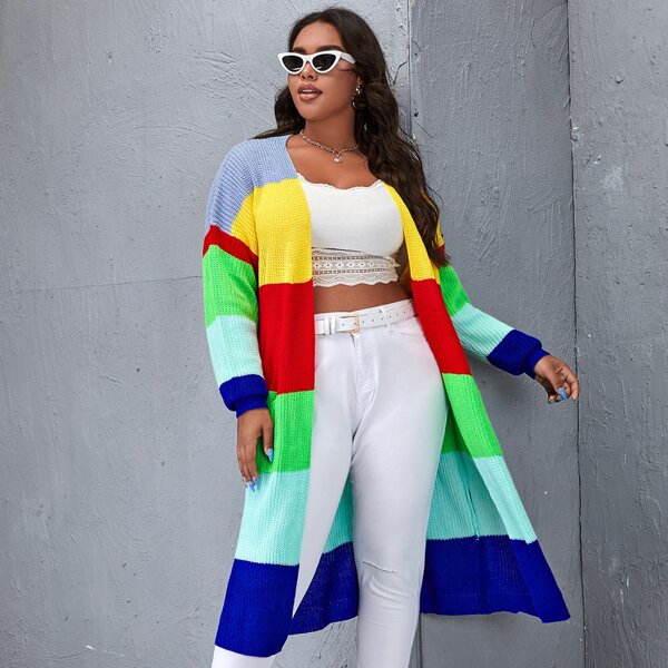 

Plus Drop Shoulder Patch Pocket Rainbow Stripe Cardigan, Multicolor