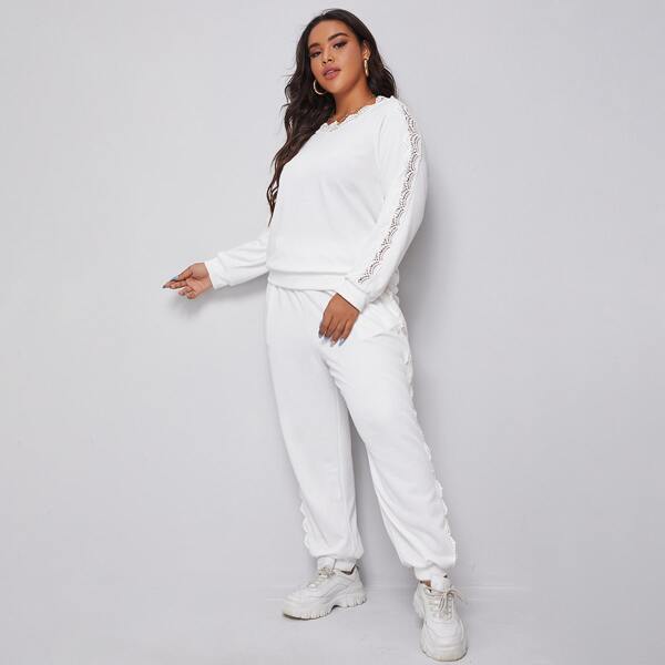 

Plus Guipure Lace Raglan Sleeve Sweatshirt With Joggers, White