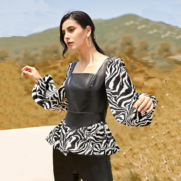 

PU Zebra Stripe Bishop Sleeve Peplum Blouse, Black