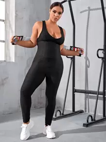 Easithlete Plus Criss Cross Backless Textured Sports Jumpsuit - Black - View 2