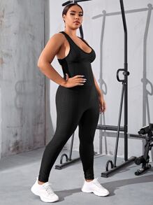Easithlete Plus Criss Cross Backless Textured Sports Jumpsuit - Black - View 3