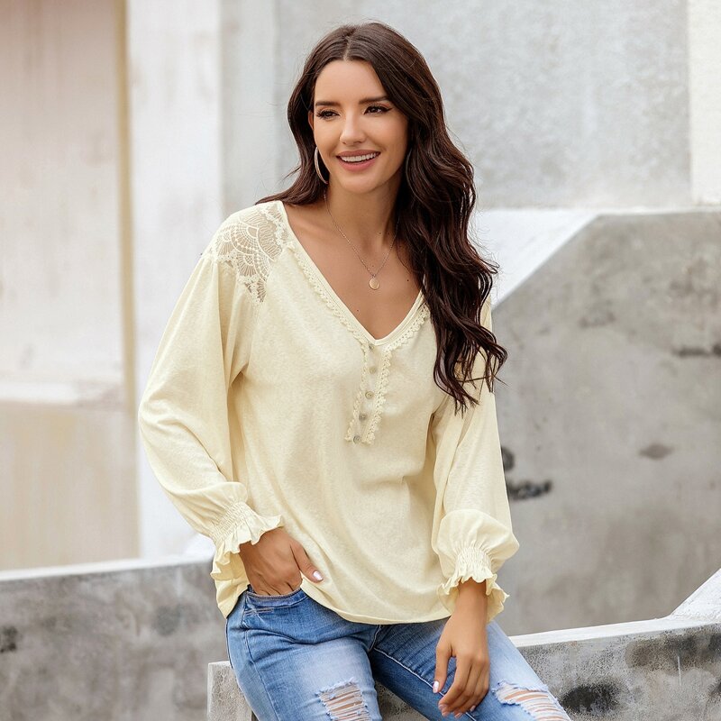 

Contrast Lace Button Flounce Sleeve Tee, Beige