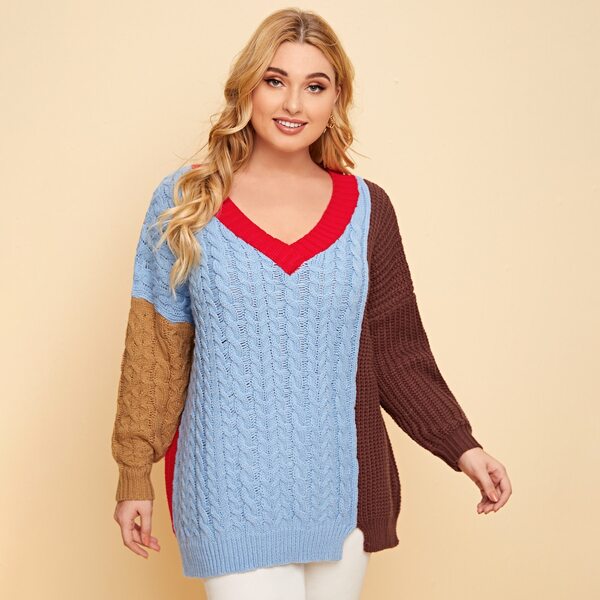

Plus V-neck Drop Shoulder Colorblock Cable Knit Sweater, Multicolor