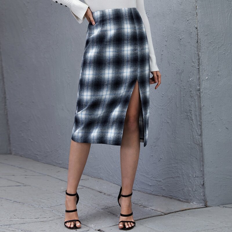 

Split Thigh Tartan Skirt, Blue and white