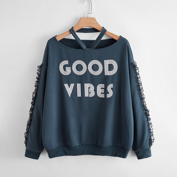 

Plus Slogan Graphic Cold Shoulder Frill Trim Sweatshirt, Navy blue
