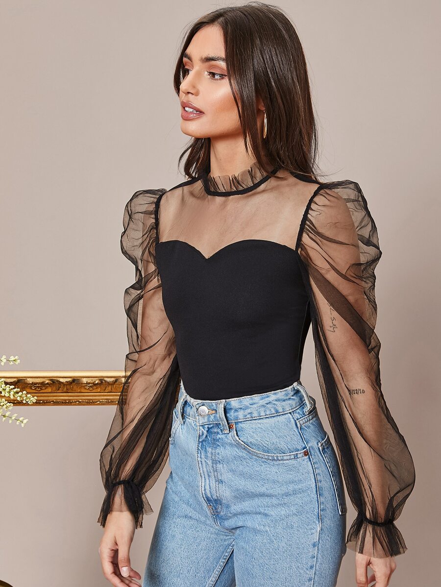 SHEIN Privé Frill Neck Sheer Mesh Puff Sleeve Top - Black - View 1
