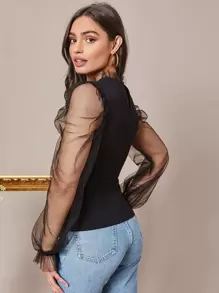 SHEIN Privé Frill Neck Sheer Mesh Puff Sleeve Top - Black - View 2