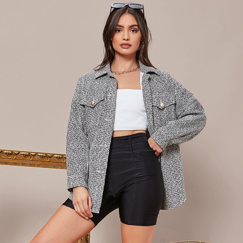 

Flap Pocket Drop Shoulder Tweed Coat, Black and white