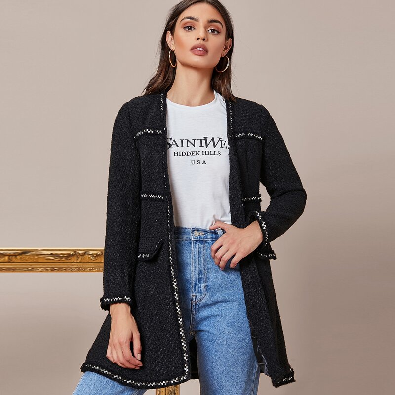 

Open Front Tape Detail Tweed Coat, Black