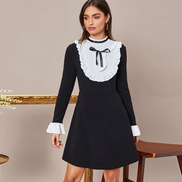 

Frill Neck Ruffle Trim Dress, Black