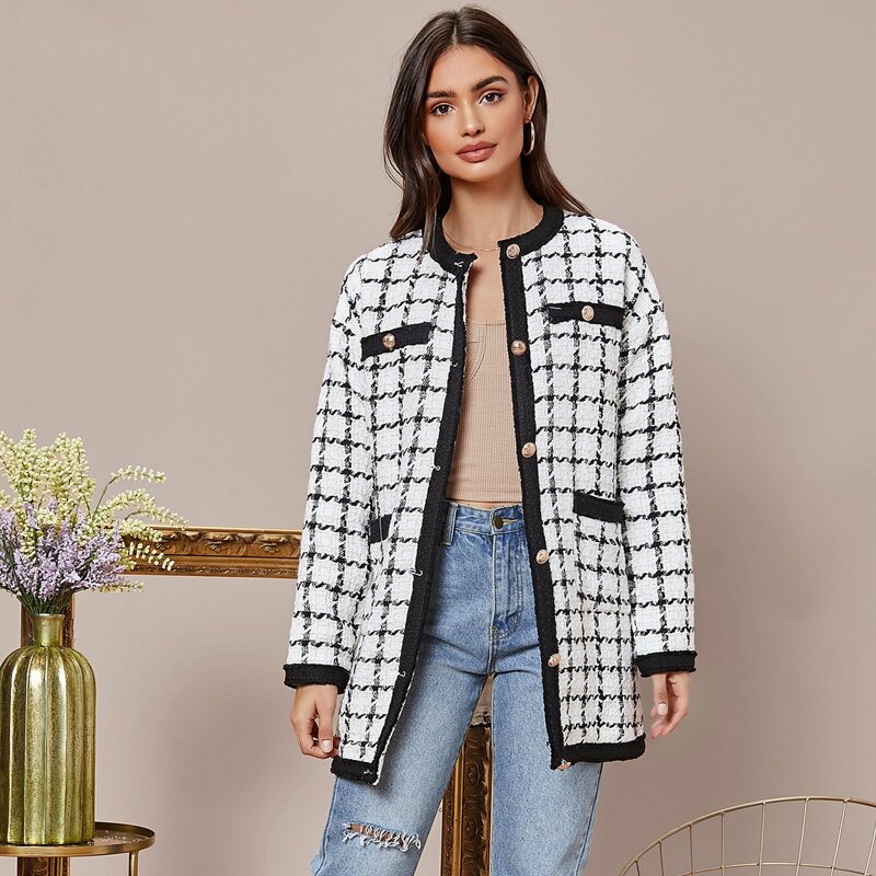 

Tape Trim Plaid Tweed Coat, White