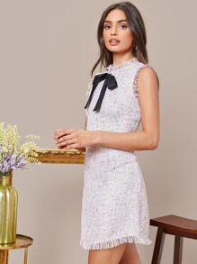 SHEIN Tie Front Frayed Trim Tweed Dress - Multicolor - View 3