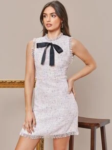 SHEIN Tie Front Frayed Trim Tweed Dress - Multicolor - View 4
