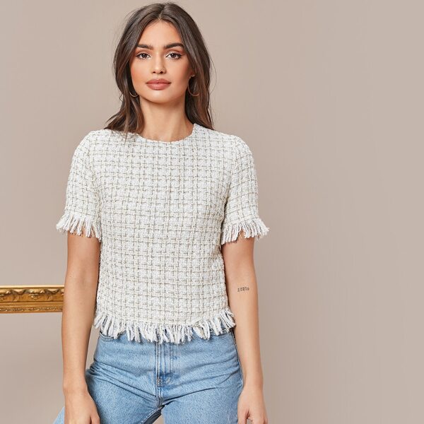 

Frayed Trim Tweed Top, White