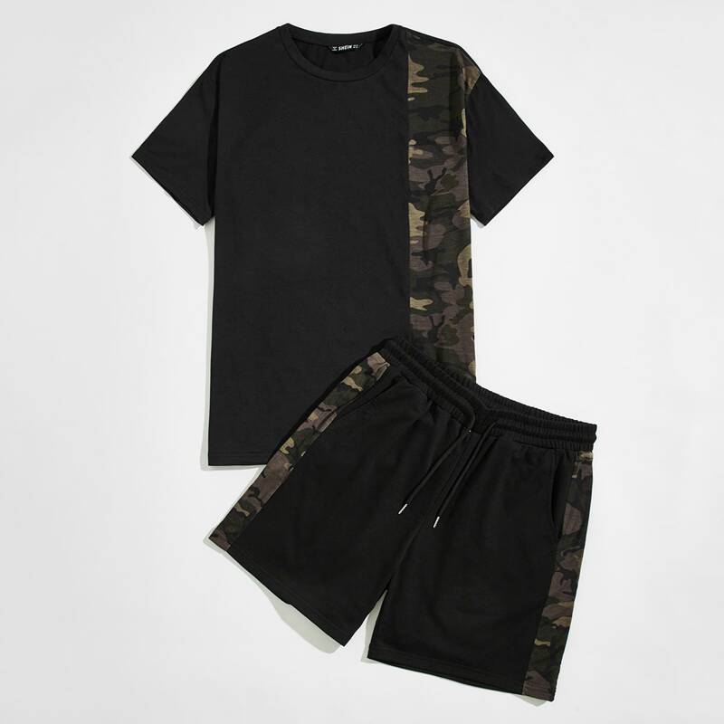 

Guys Letter and Camo Print Tee and Track Shorts Set, Black