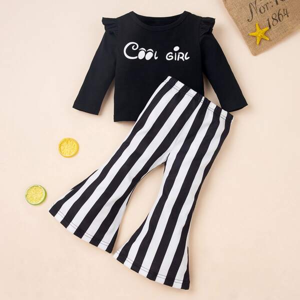 

Baby Girl Letter Graphic Ruffle Tee & Striped Flare Leg Pants, Black and white