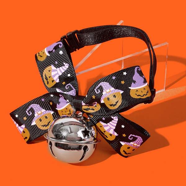 

1pc Halloween Dog Collar With Bell, Black