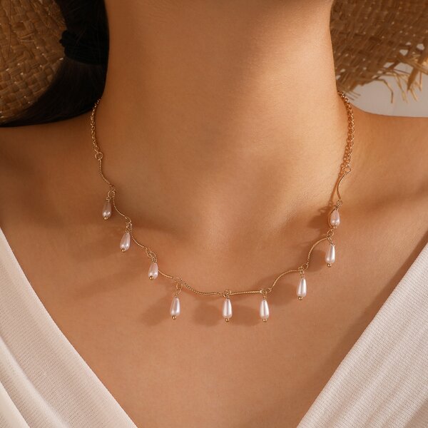 

Faux Pearl Tassel Necklace, Gold