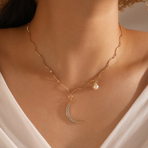 

Rhinestone Moon Charm Necklace, Gold