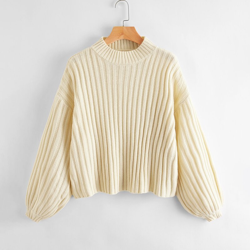 

Drop Shoulder Ribbed Knit Sweater, Beige