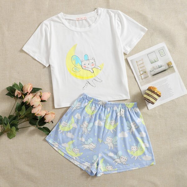 

Cartoon Graphic Pajama Set, Blue and white