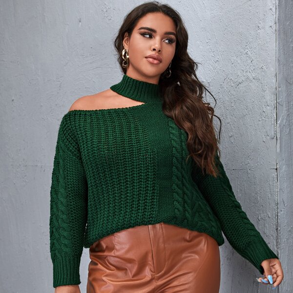 

Plus Asymmetrical Neck Cable Knit Sweater, Dark green