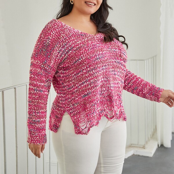 

Plus Drop Shoulder Ripped Space Dye Slit Hem Sweater, Pink