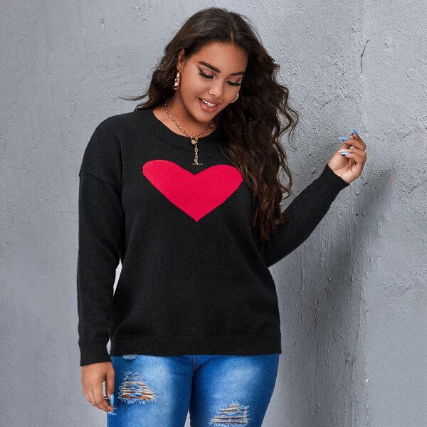 

Plus Drop Shoulder Heart Pattern Sweater, Black