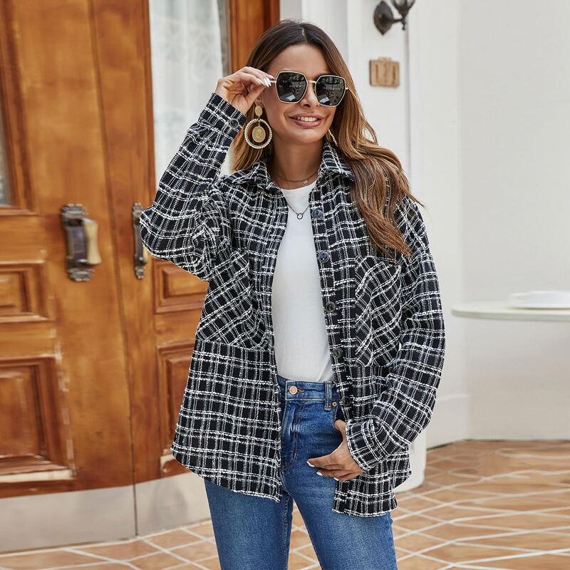 

Plaid Button Through Tweed Coat, Black and white