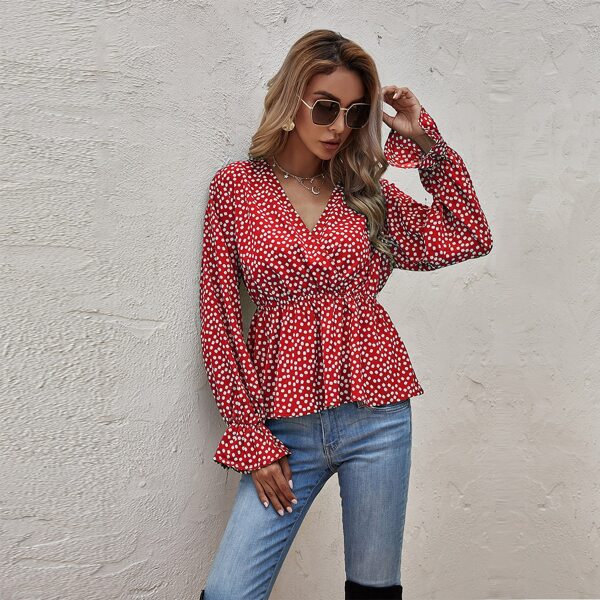 

Daisy Floral Surplice Front Peplum Blouse, Red
