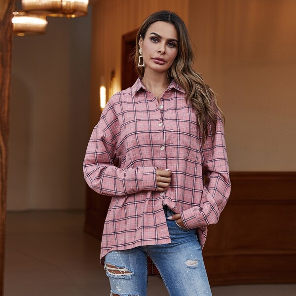 

Plaid Drop Shoulder Button Up Flannel Shirt, Dusty pink