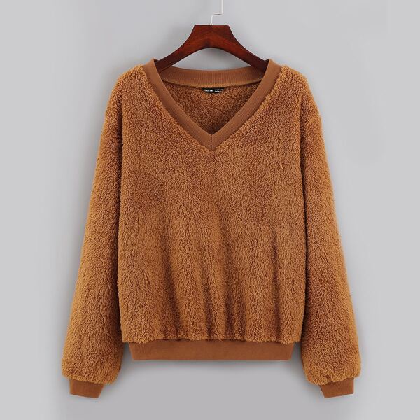 

Solid V Neck Drop Shoulder Teddy Sweatshirt, Brown
