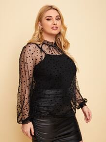 SHEIN Plus Flocked Polka Dot Sheer Mesh Top