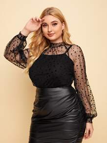 SHEIN Plus Flocked Polka Dot Sheer Mesh Top