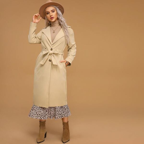 

Double Breasted Lapel Collar Belted Coat, Khaki